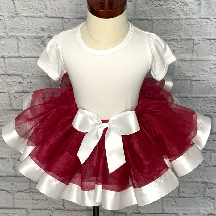 Burgundy Tutu / White Ribbon Trim & Bow