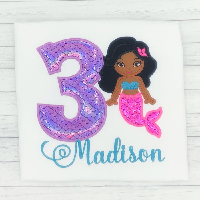 Mermaid w/ Straight  Hair - Girls Birthday Shirt (age 1-9)
