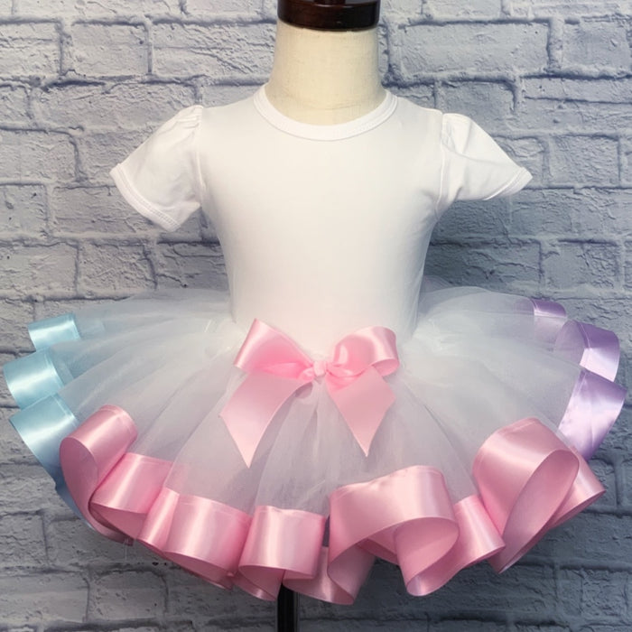 White Tutu / Lavender, Light Blue & Paris Pink Ribbon Trim