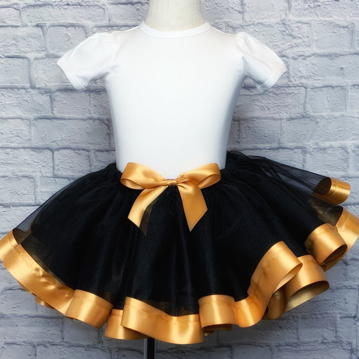Black Tutu / Gold Ribbon Trim & Bow