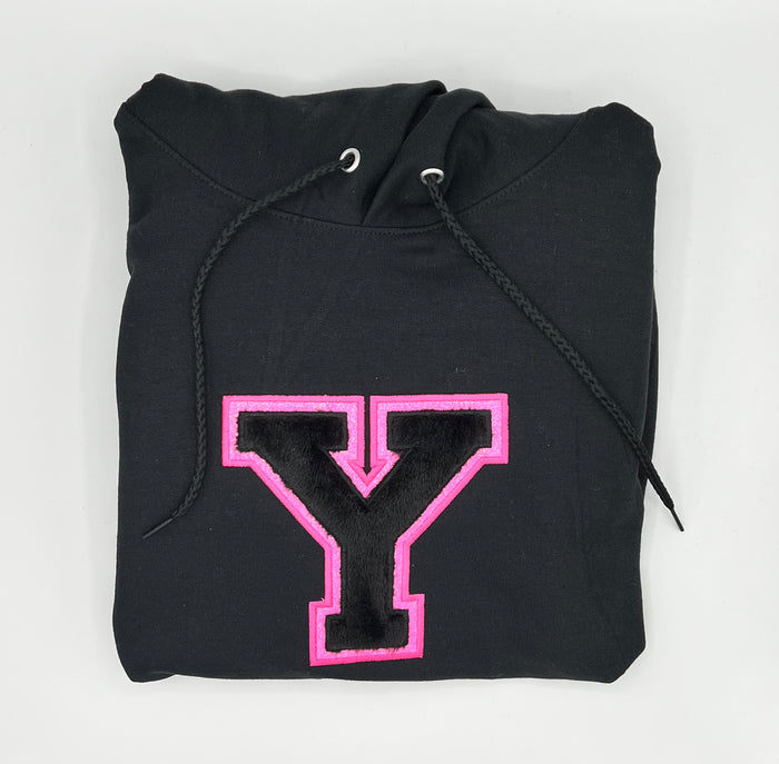 Adult Hoodie (w/ drawstrings)- Glitter Pink/Black Varsity